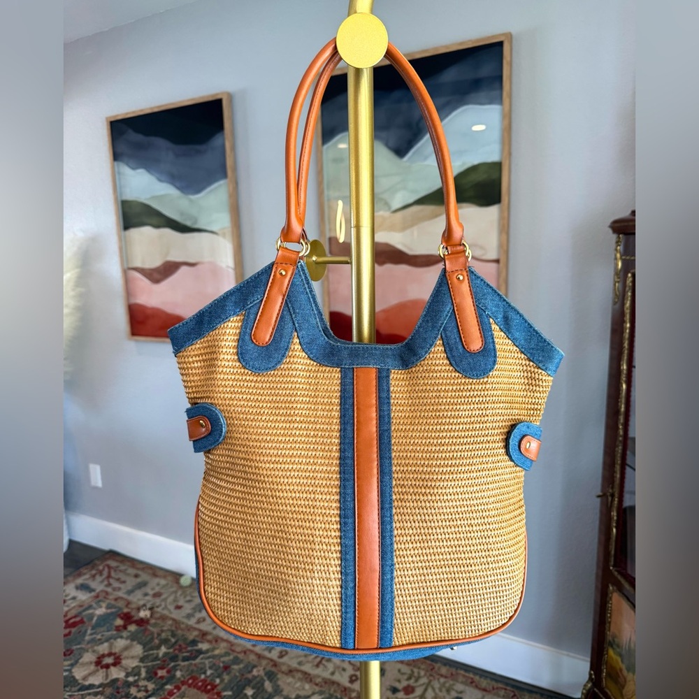 Joan Rivers Tan and Blue Denim Woven Bag